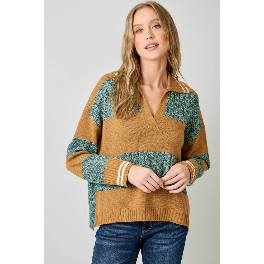 Mystree Women V-Neck Colorblock Oversized Sweater Mustard Green Small NWT